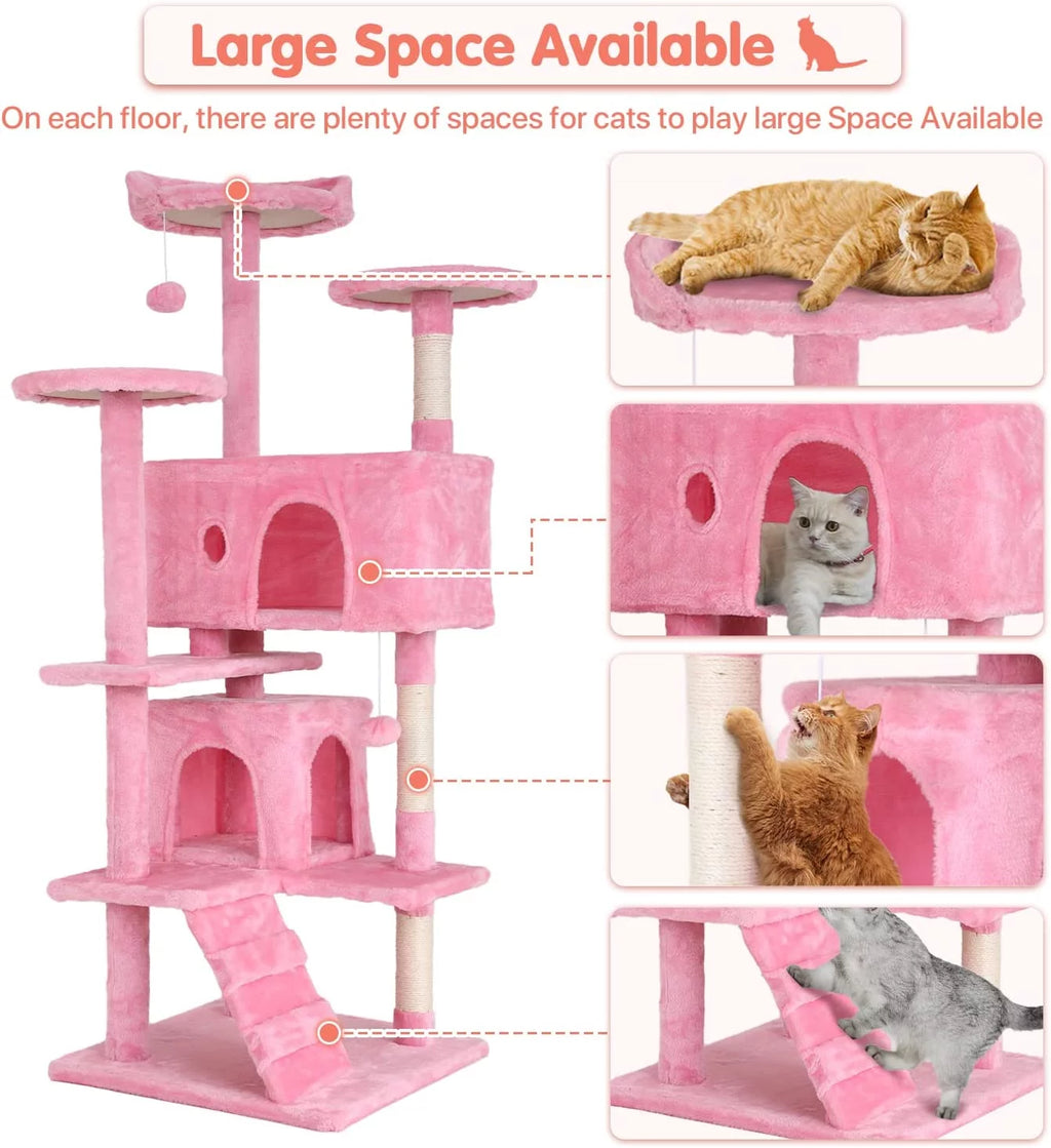 54-Inch Double Condo Cat Tree Tower with Scratching Post and Perch, Indoor Use, Pink