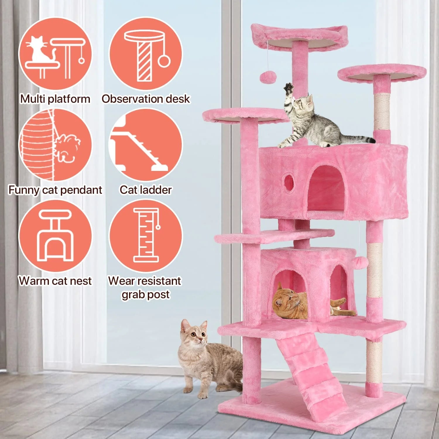 54-Inch Double Condo Cat Tree Tower with Scratching Post and Perch, Indoor Use, Pink