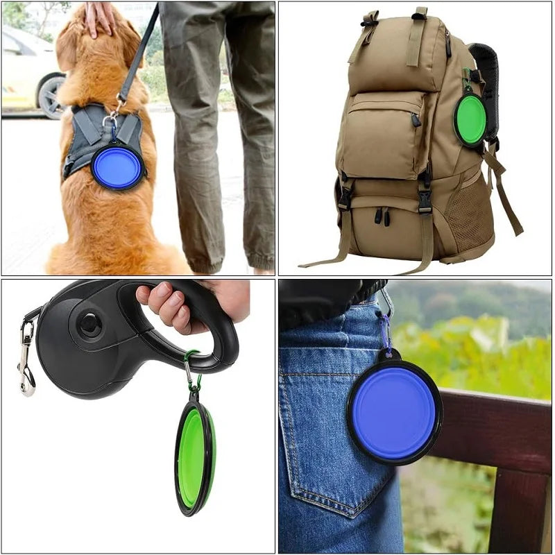 Portable Folding Silicone Dog Feeder Bowl - 2-in-1 Pet Dispenser for Outdoor Travel with Carabiner Bottle for Food and Water