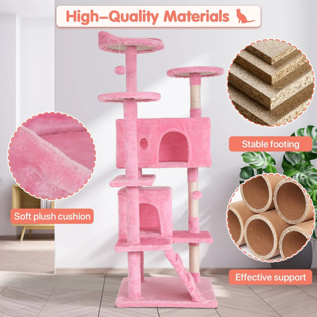 54-Inch Double Condo Cat Tree Tower with Scratching Post and Perch, Indoor Use, Pink