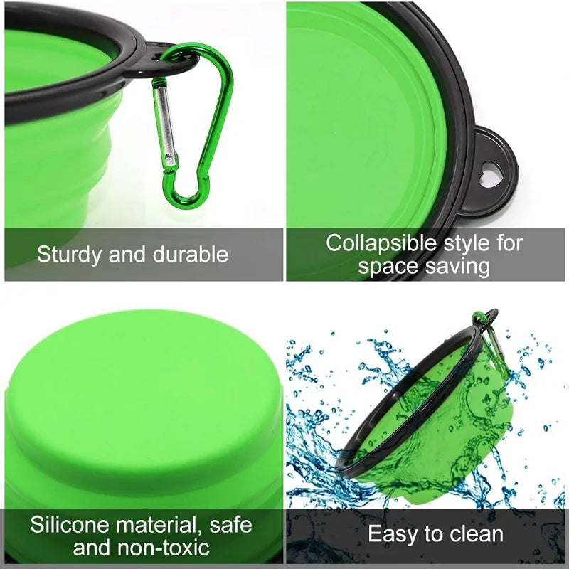 Portable Folding Silicone Dog Feeder Bowl - 2-in-1 Pet Dispenser for Outdoor Travel with Carabiner Bottle for Food and Water