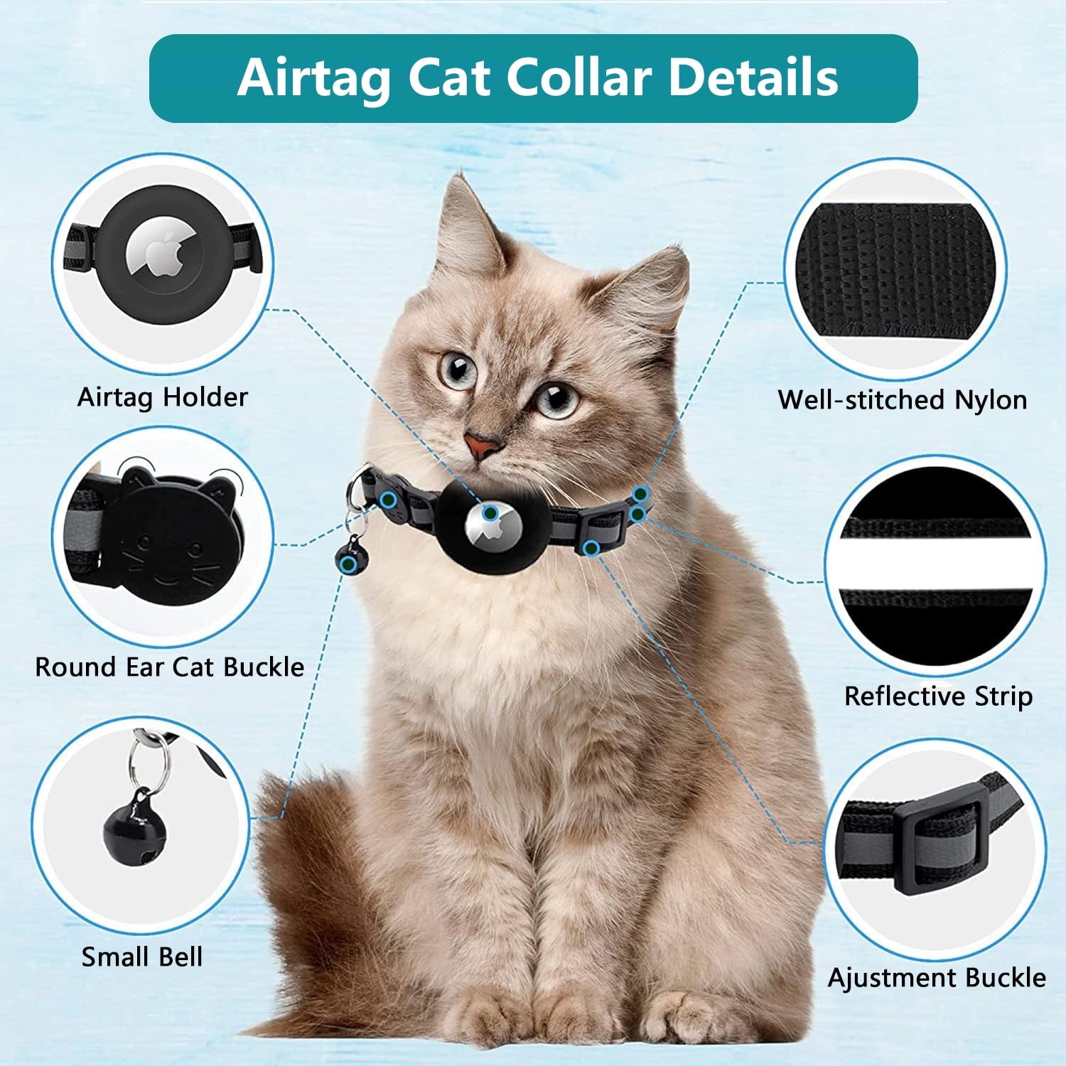 Breakaway 2-Pack Reflective Airtag Cat Collar with Case and Bell for Kittens and Small Dogs, Black