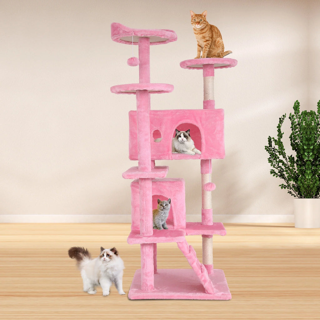 54-Inch Double Condo Cat Tree Tower with Scratching Post and Perch, Indoor Use, Pink