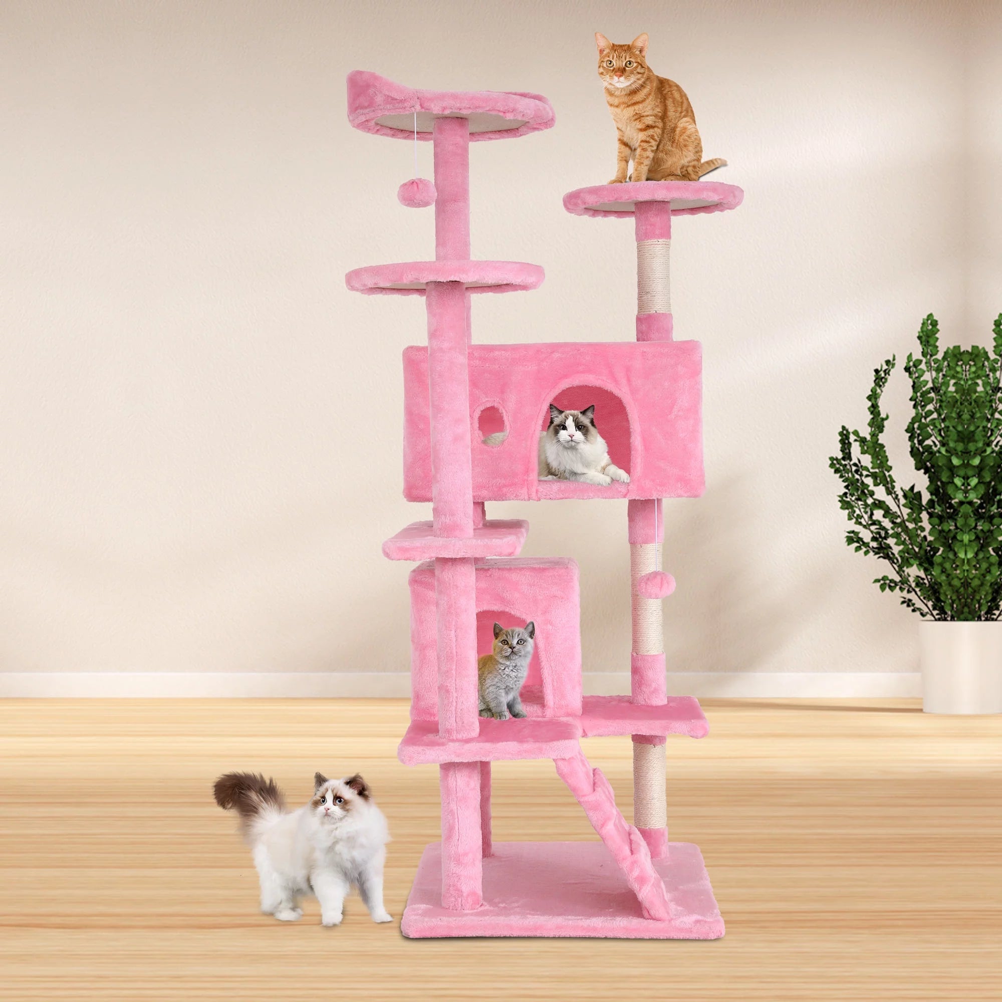 54-Inch Double Condo Cat Tree Tower with Scratching Post and Perch, Indoor Use, Pink