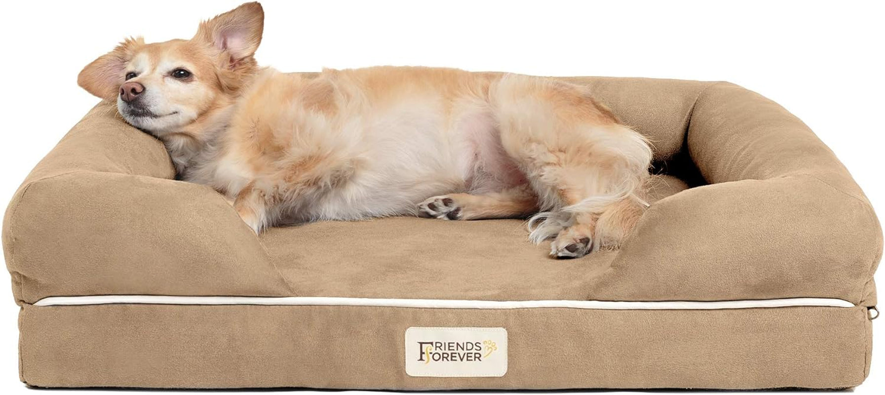 Orthopedic Memory Foam Dog Bed with Calming Couch Design, Washable Cover and Water-Resistant Liner, Non-Slip Base - Small Khaki Beige