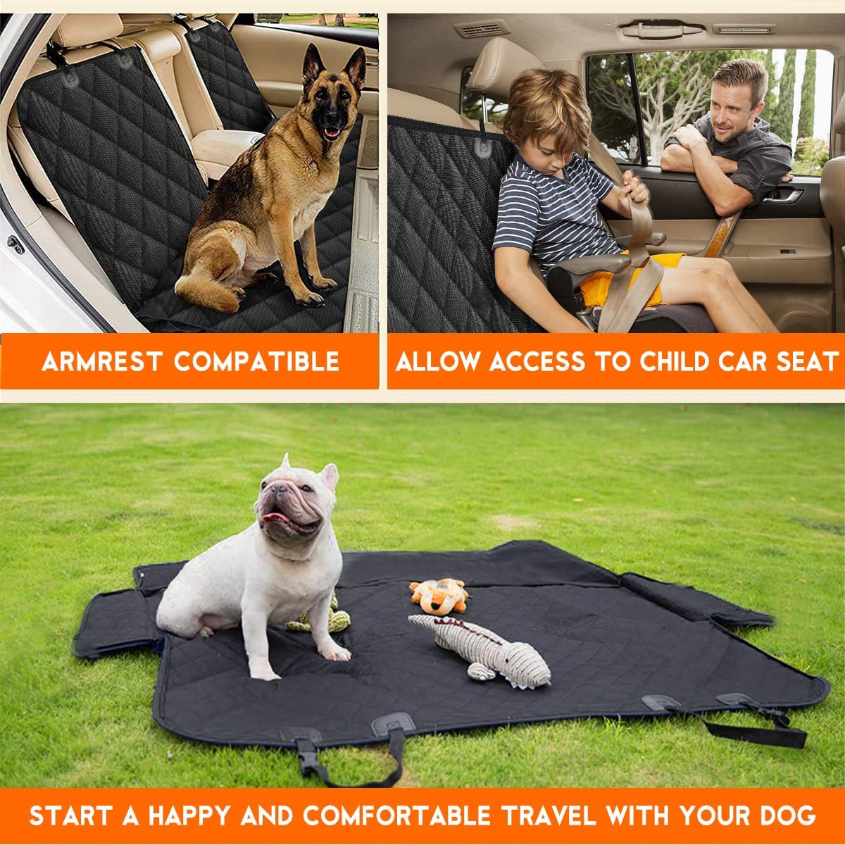 Dog Car Seat Cover - Waterproof Non-Slip Back Seat Protector for Pets, Compatible with Most Cars, SUVs, and Trucks - Black
