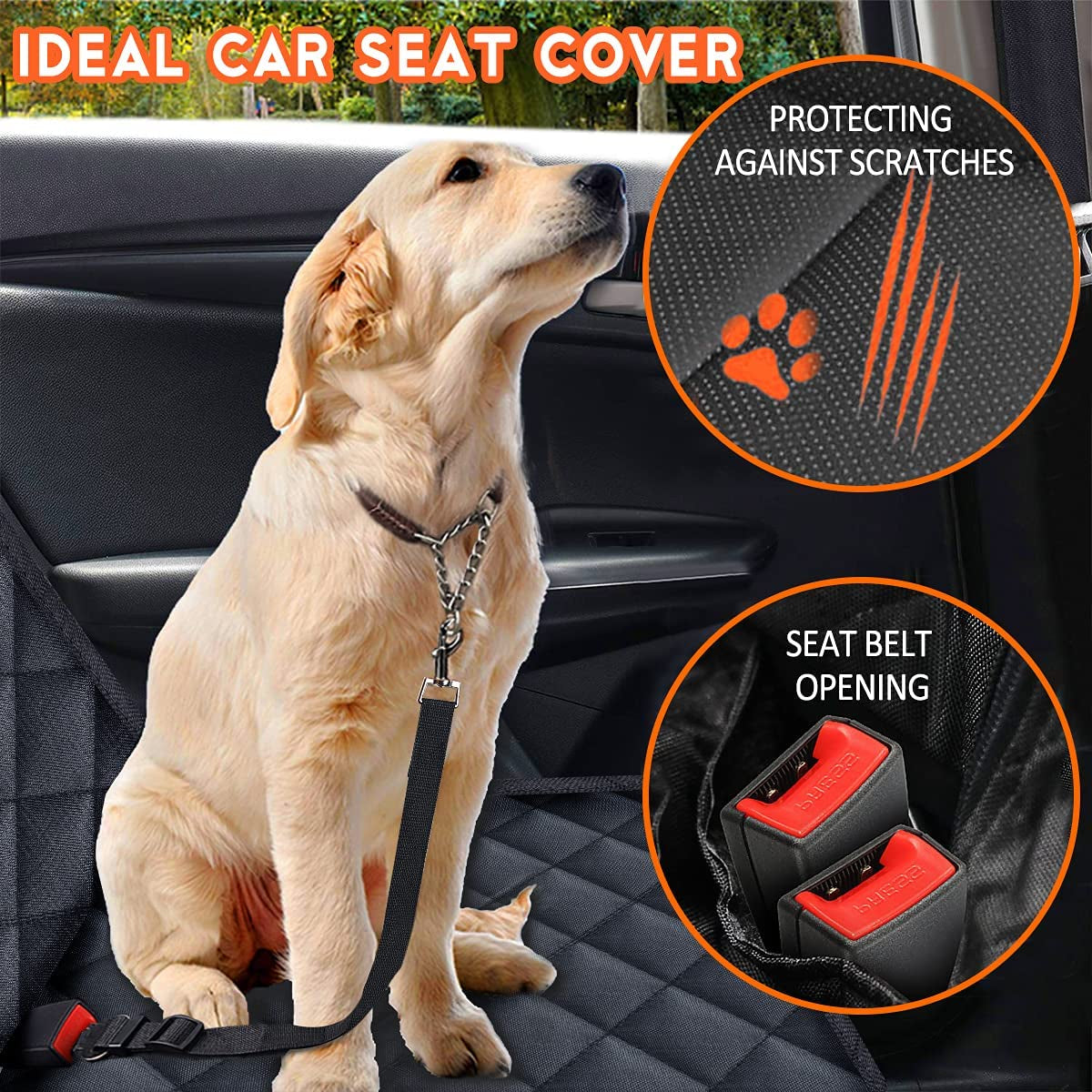 Dog Car Seat Cover - Waterproof Non-Slip Back Seat Protector for Pets, Compatible with Most Cars, SUVs, and Trucks - Black