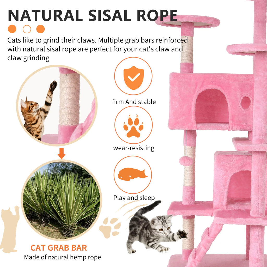 54-Inch Double Condo Cat Tree Tower with Scratching Post and Perch, Indoor Use, Pink