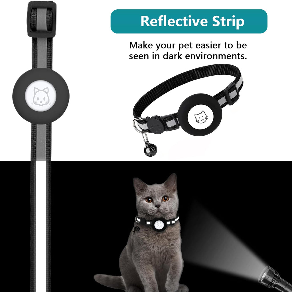 Breakaway 2-Pack Reflective Airtag Cat Collar with Case and Bell for Kittens and Small Dogs, Black