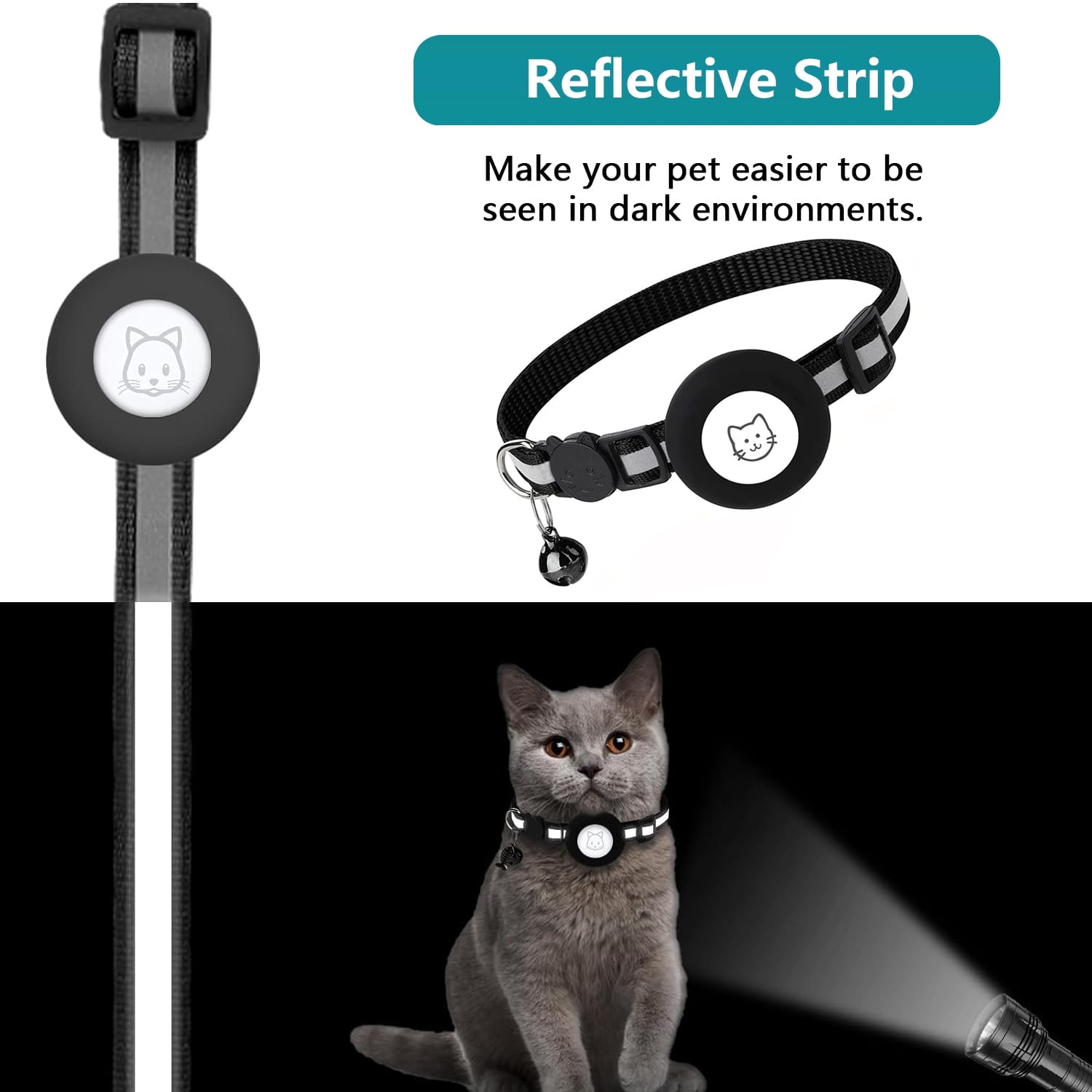 Breakaway 2-Pack Reflective Airtag Cat Collar with Case and Bell for Kittens and Small Dogs, Black