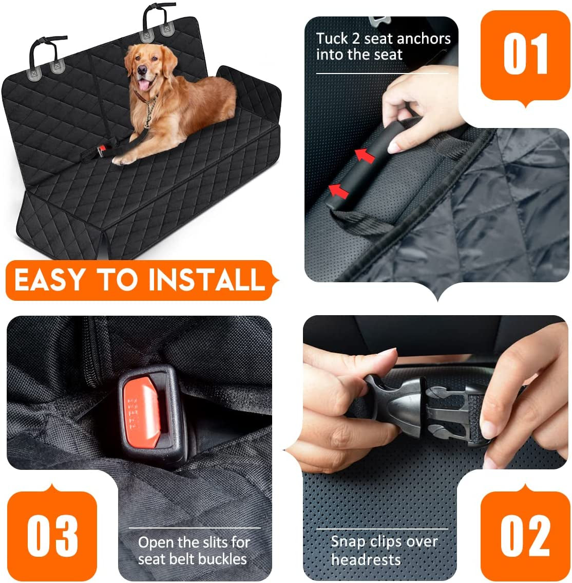 Dog Car Seat Cover - Waterproof Non-Slip Back Seat Protector for Pets, Compatible with Most Cars, SUVs, and Trucks - Black