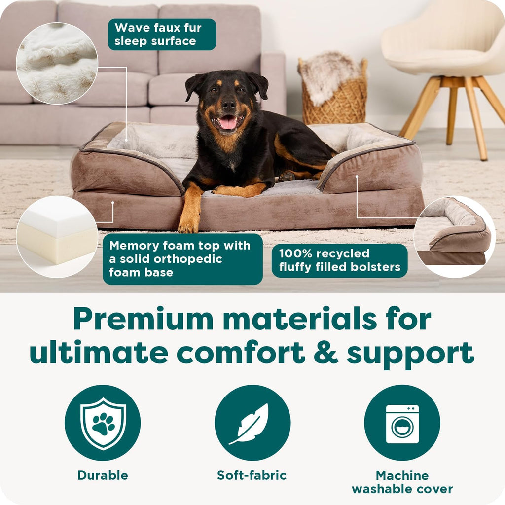 Large Dog Memory Foam Bed with Removable Bolsters and Washable Cover for Dogs up to 95 lbs - Plush Velvet Waves for Ultimate Comfort - Brownstone, Jumbo/XL
