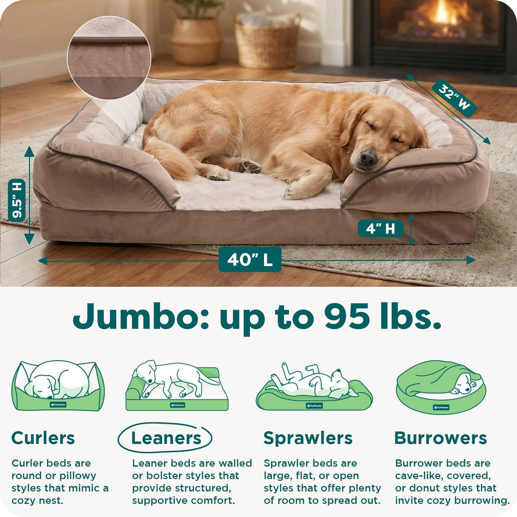 Large Dog Memory Foam Bed with Removable Bolsters and Washable Cover for Dogs up to 95 lbs - Plush Velvet Waves for Ultimate Comfort - Brownstone, Jumbo/XL