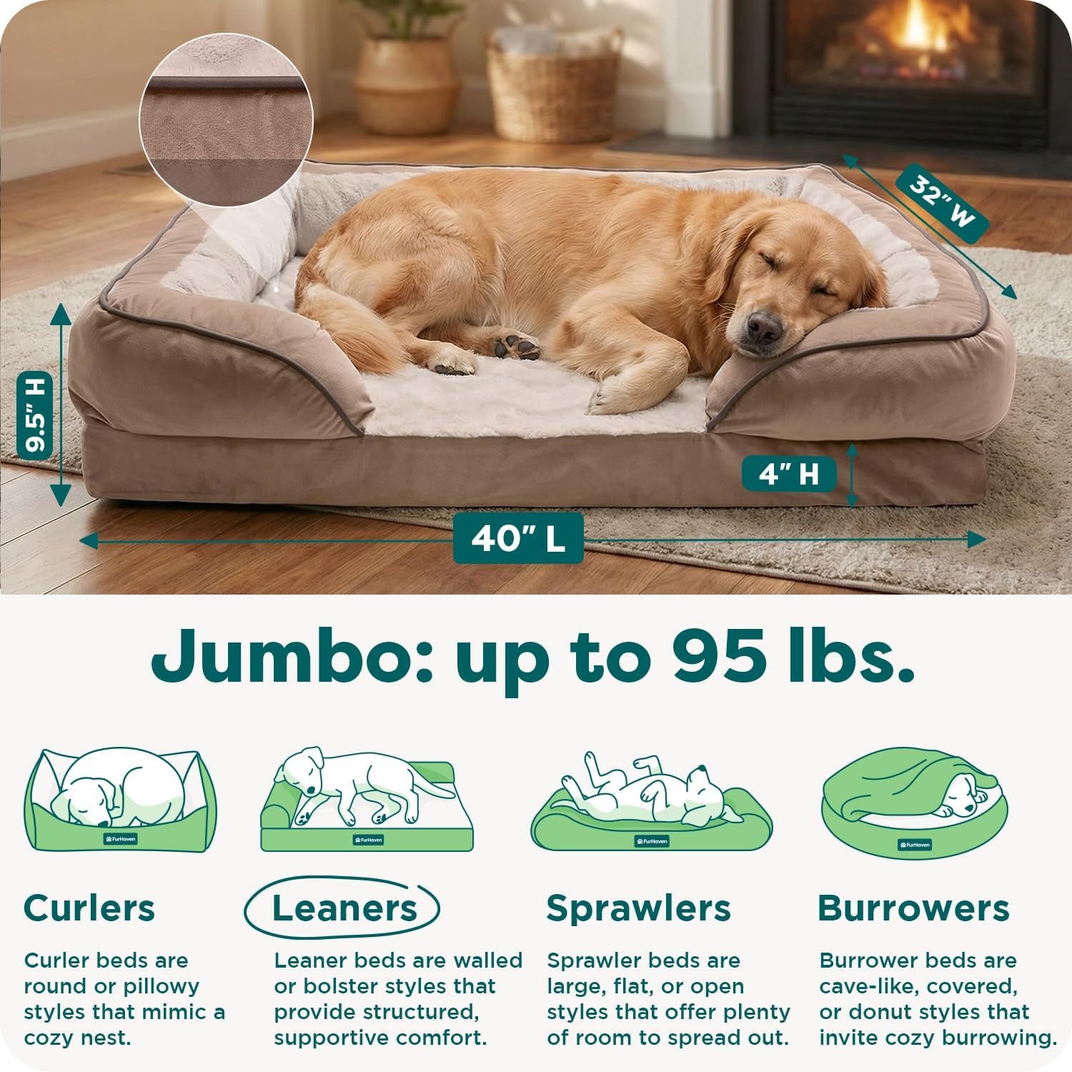 Large Dog Memory Foam Bed with Removable Bolsters and Washable Cover for Dogs up to 95 lbs - Plush Velvet Waves for Ultimate Comfort - Brownstone, Jumbo/XL