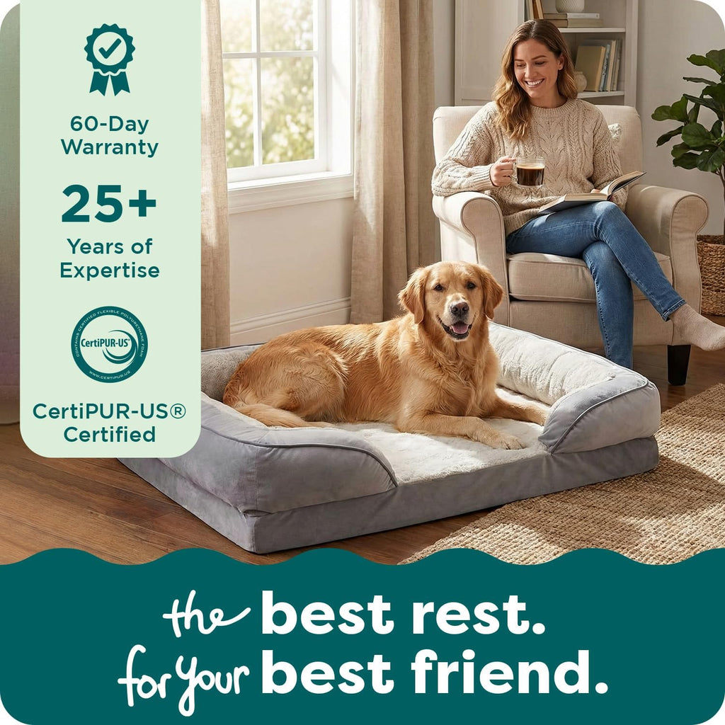 Large Dog Memory Foam Bed with Removable Bolsters and Washable Cover for Dogs up to 95 lbs - Plush Velvet Waves for Ultimate Comfort - Brownstone, Jumbo/XL