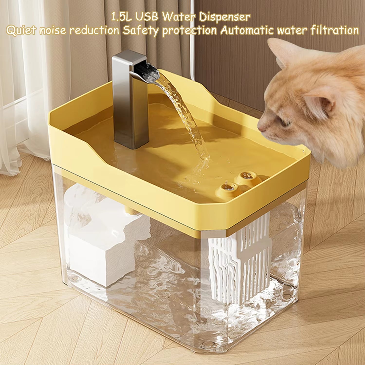 Automatic Cat Water Fountain with Transparent Design, USB-Powered Anti-Dry Burning Recirculating Water Dispenser and Filter Pump
