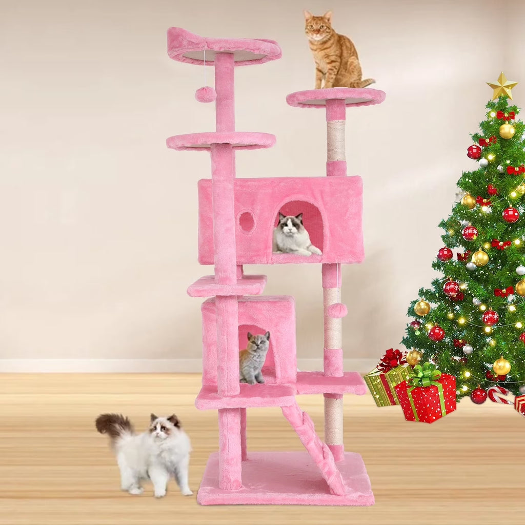 54-Inch Double Condo Cat Tree Tower with Scratching Post and Perch, Indoor Use, Pink