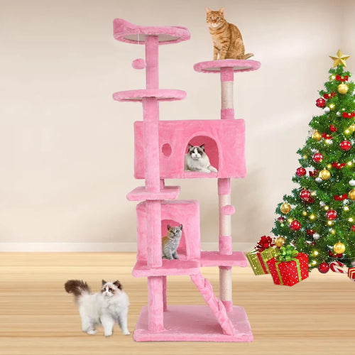 54-Inch Double Condo Cat Tree Tower with Scratching Post and Perch, Indoor Use, Pink